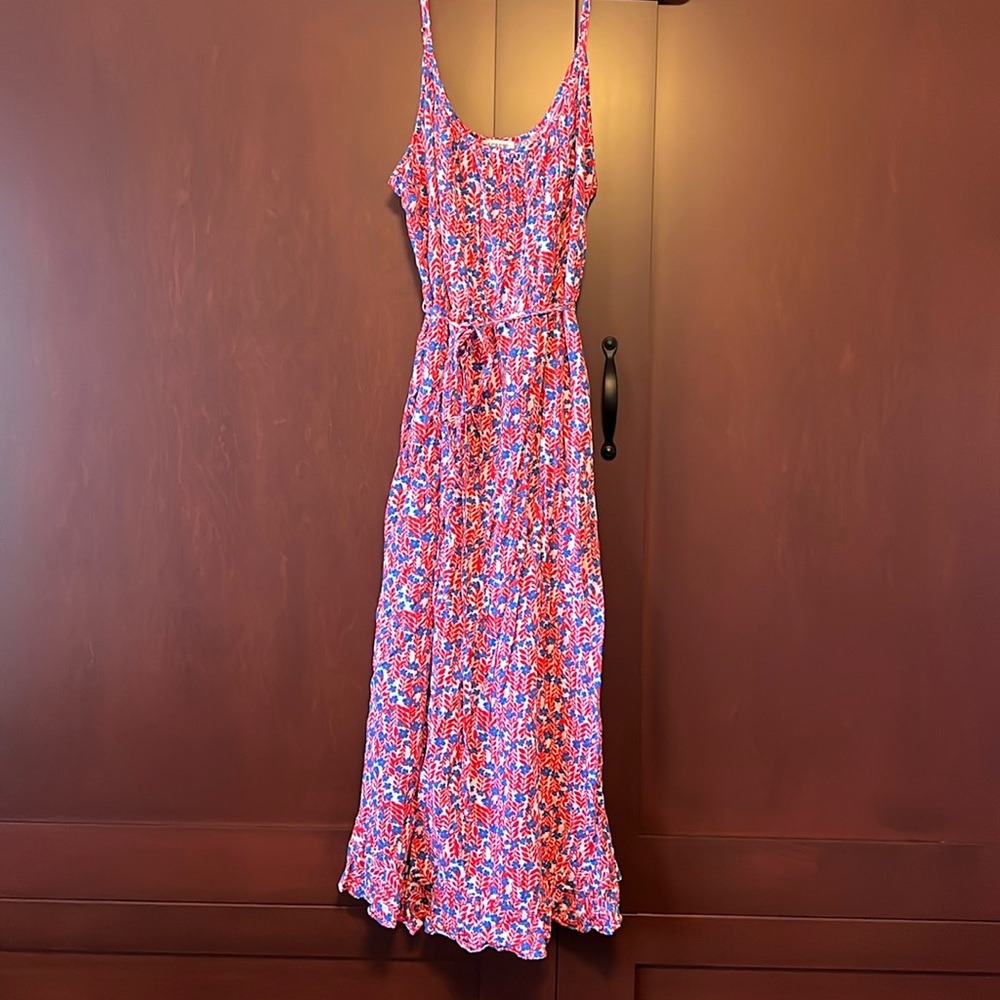 J. Crew size 12 Ruffle Midi Curved Hem Dress Red Blue Floral